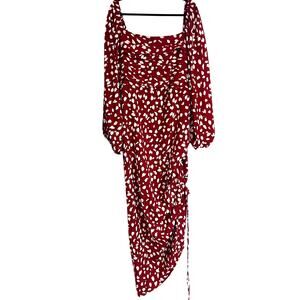 Grass Fields Plus Size 20 Off Shoulder Puff Sleeve Ruched Leg Midi Dress Red Wht